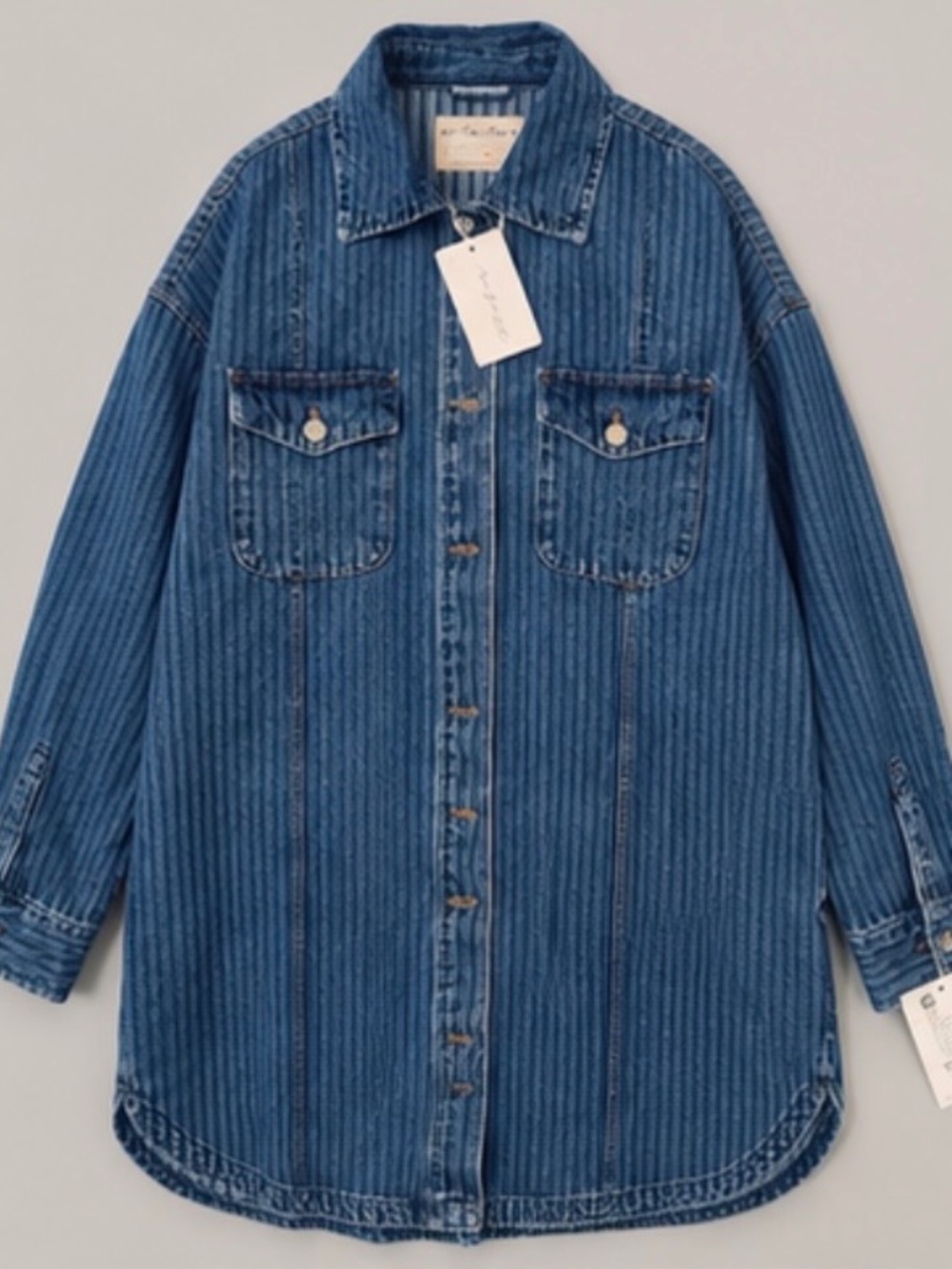 Free People We The Free Striped Denim Oversized Shirt Jacket M NWT
